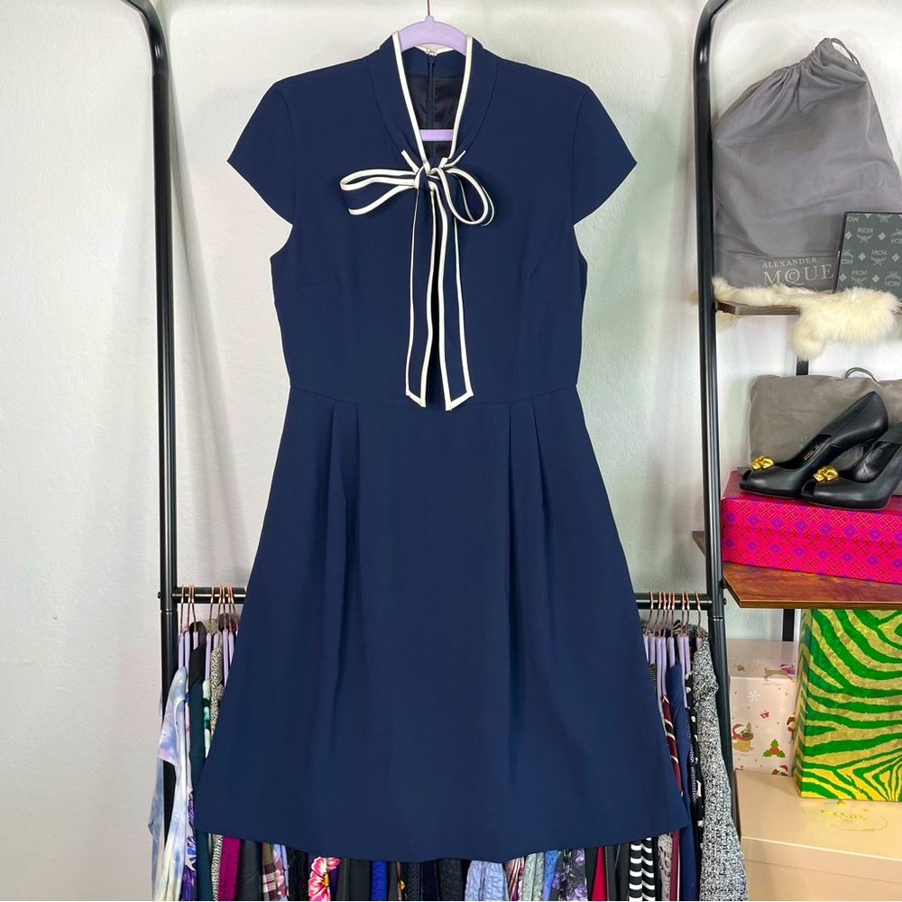 J. Crew Navy Blue Fit-and-Flare Dress with Contrast Bow